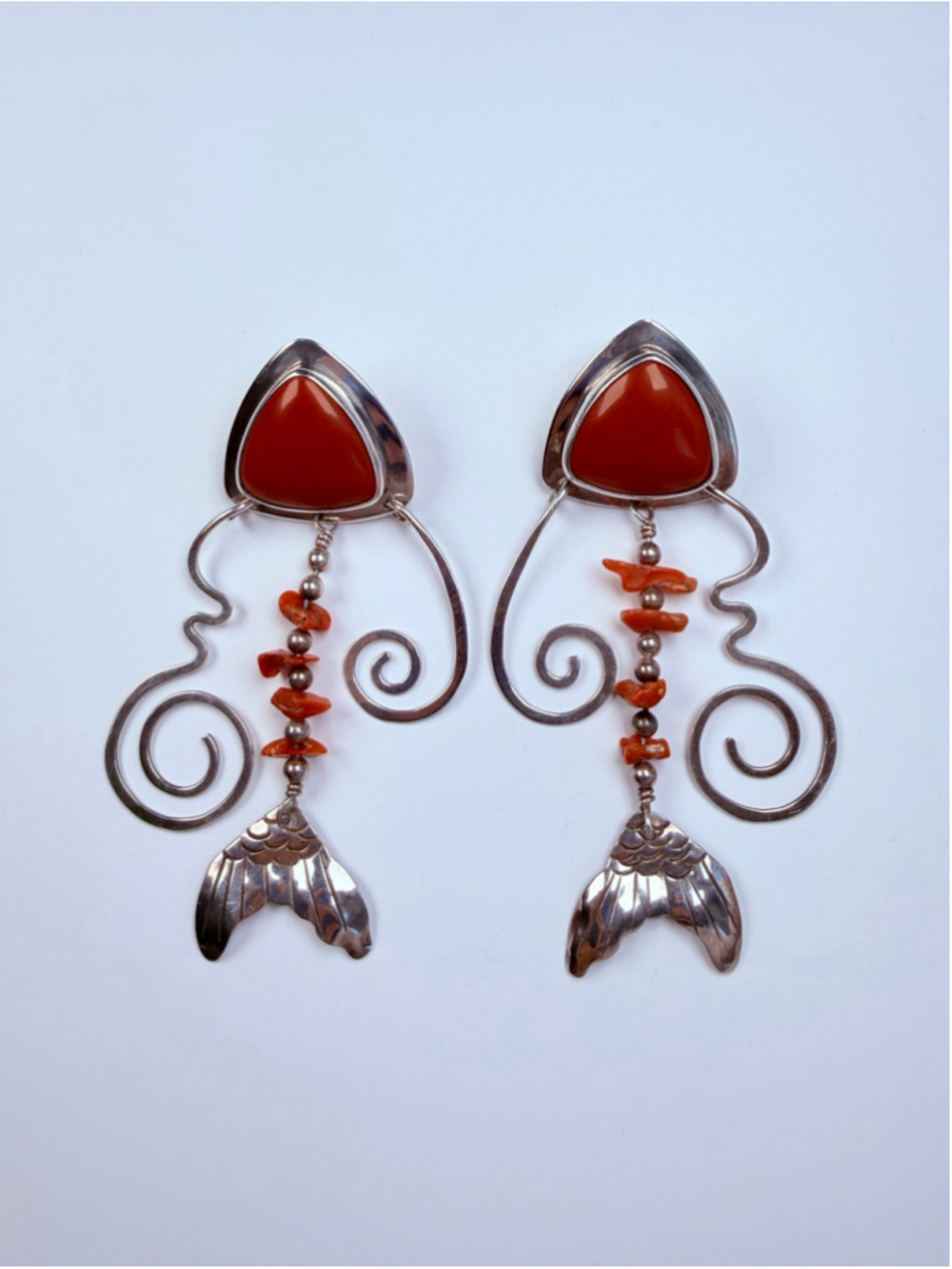 Modernist Coral Artisan Abstract Fish 925 Sterling Silver Vintage Earrings 3.7"